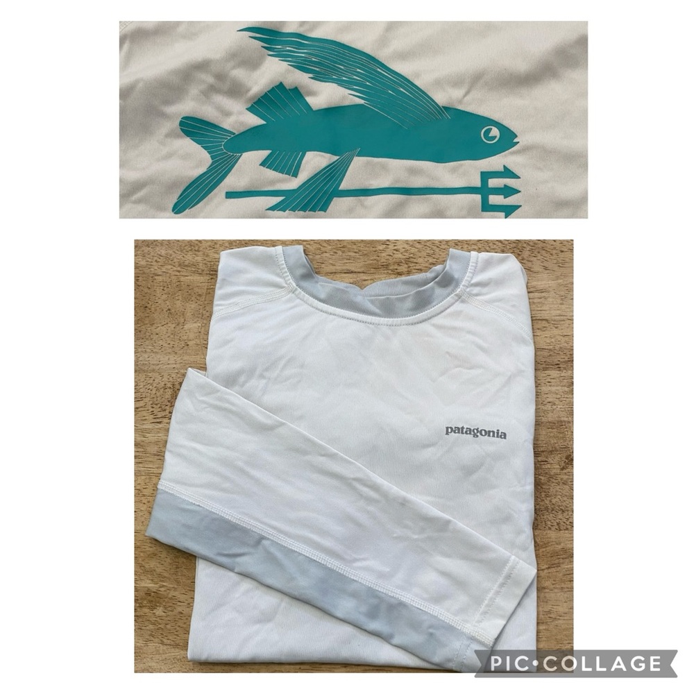 Patagonia Youth XL White/Silver Gray Long Sleeve Capilene Silkweight Logo‎ Shirt